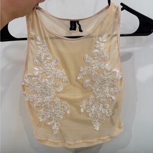 Urban Outfitters - Nude/Cream Sheer Top | Mesh Crop Top with White Lace